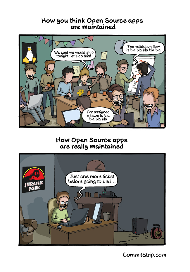 Commit Strip
http://www.commitstrip.com/en/2014/05/07/the-truth-behind-open-source-apps/